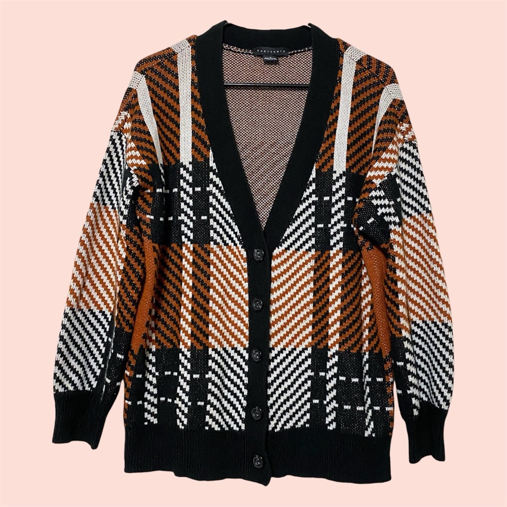 Sanctuary Black + Rust Orange Plaid ‘You Made It’ Button-Up Cardigan